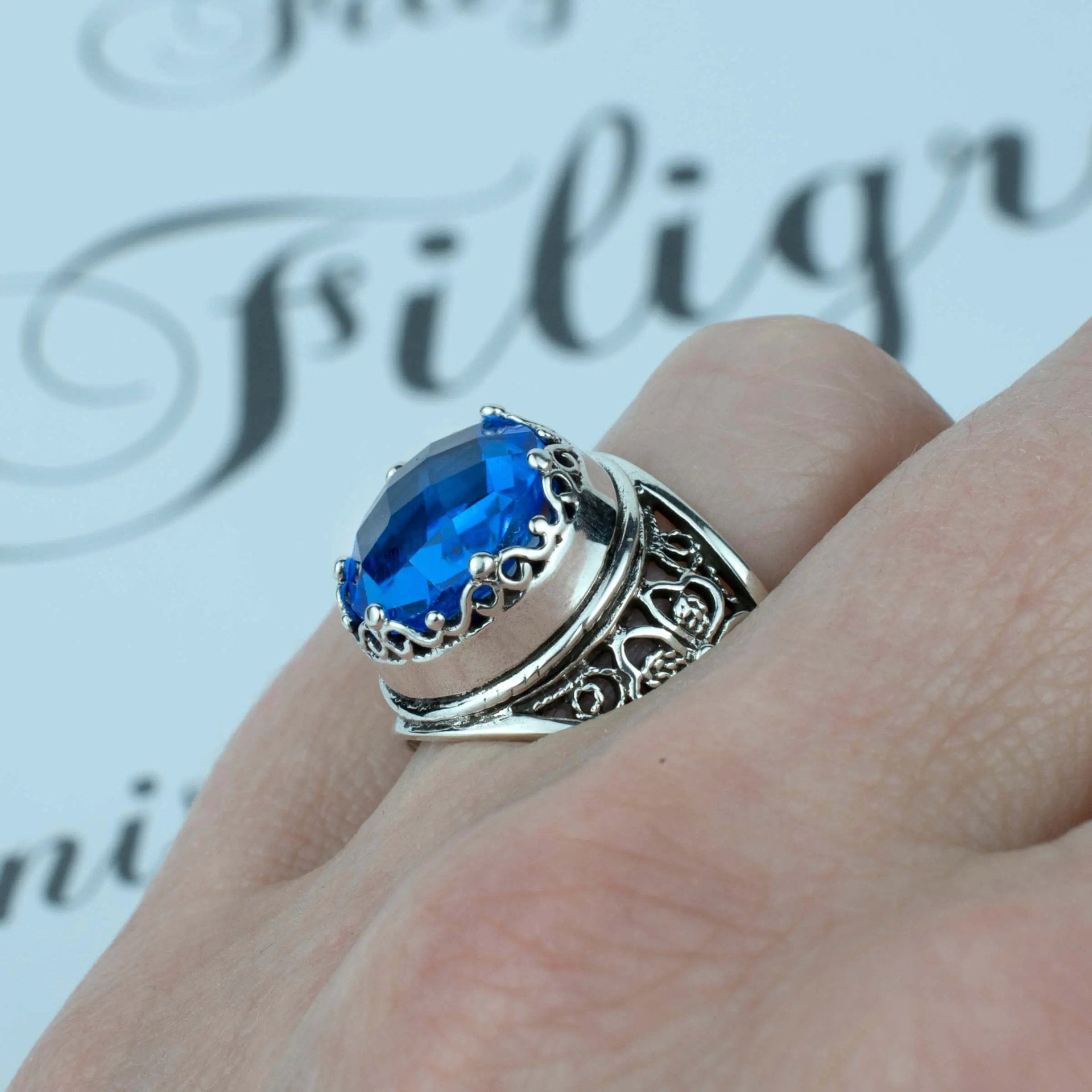 Filigree Art Blue Quartz Gemstone Women Crown Silver Statement Ring - Drakoi Marketplace