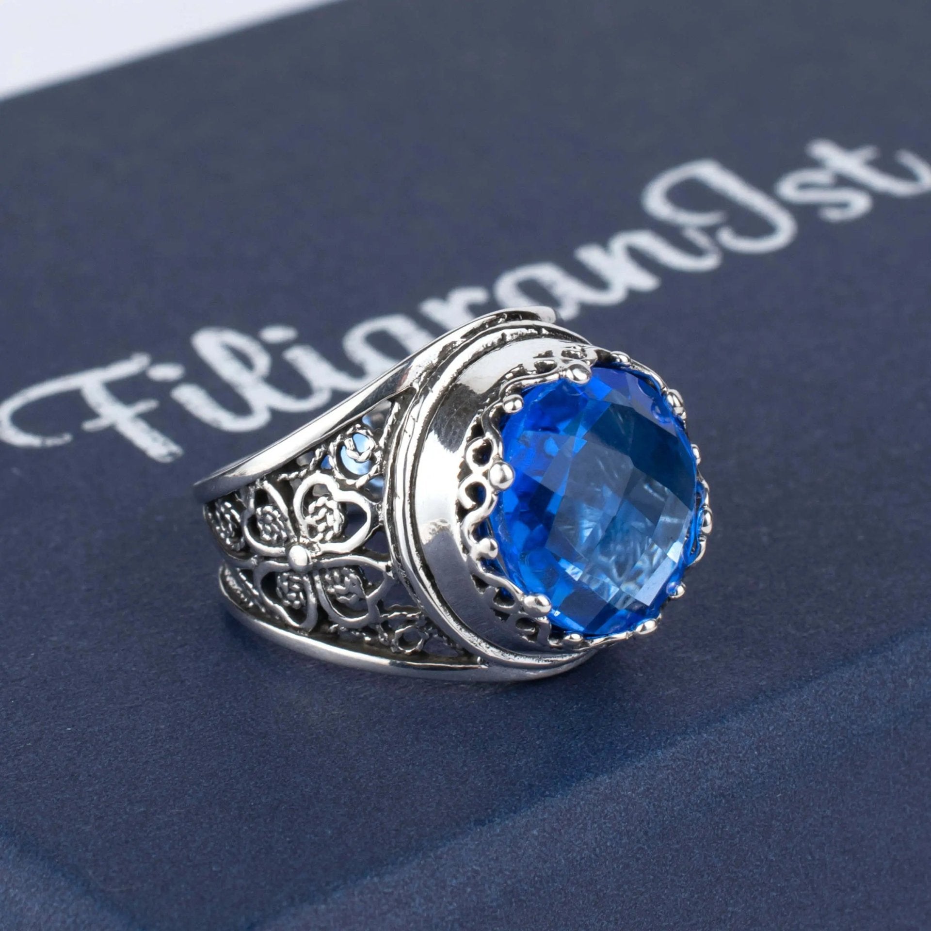 Filigree Art Blue Quartz Gemstone Women Crown Silver Statement Ring - Drakoi Marketplace