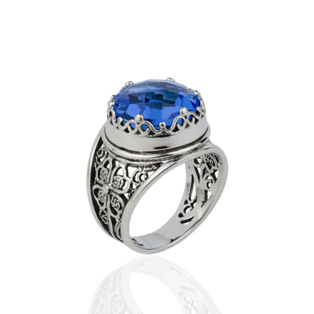 Filigree Art Blue Quartz Gemstone Women Crown Silver Statement Ring - Drakoi Marketplace