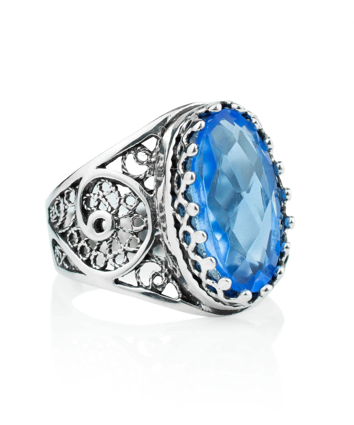 Filigree Art Blue Quartz Gemstone Women Oval Silver Cocktail Ring - Drakoi Marketplace