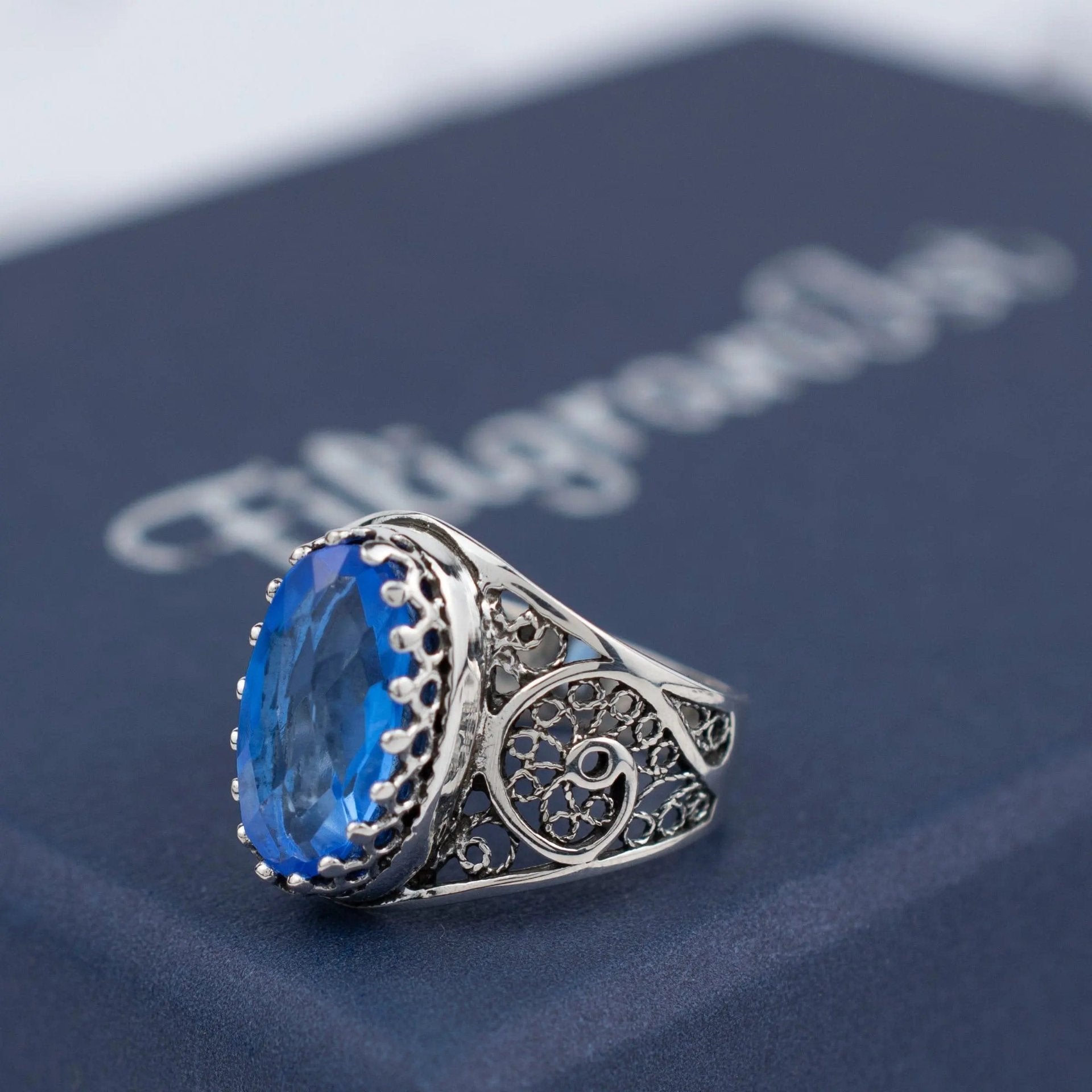 Filigree Art Blue Quartz Gemstone Women Oval Silver Cocktail Ring - Drakoi Marketplace