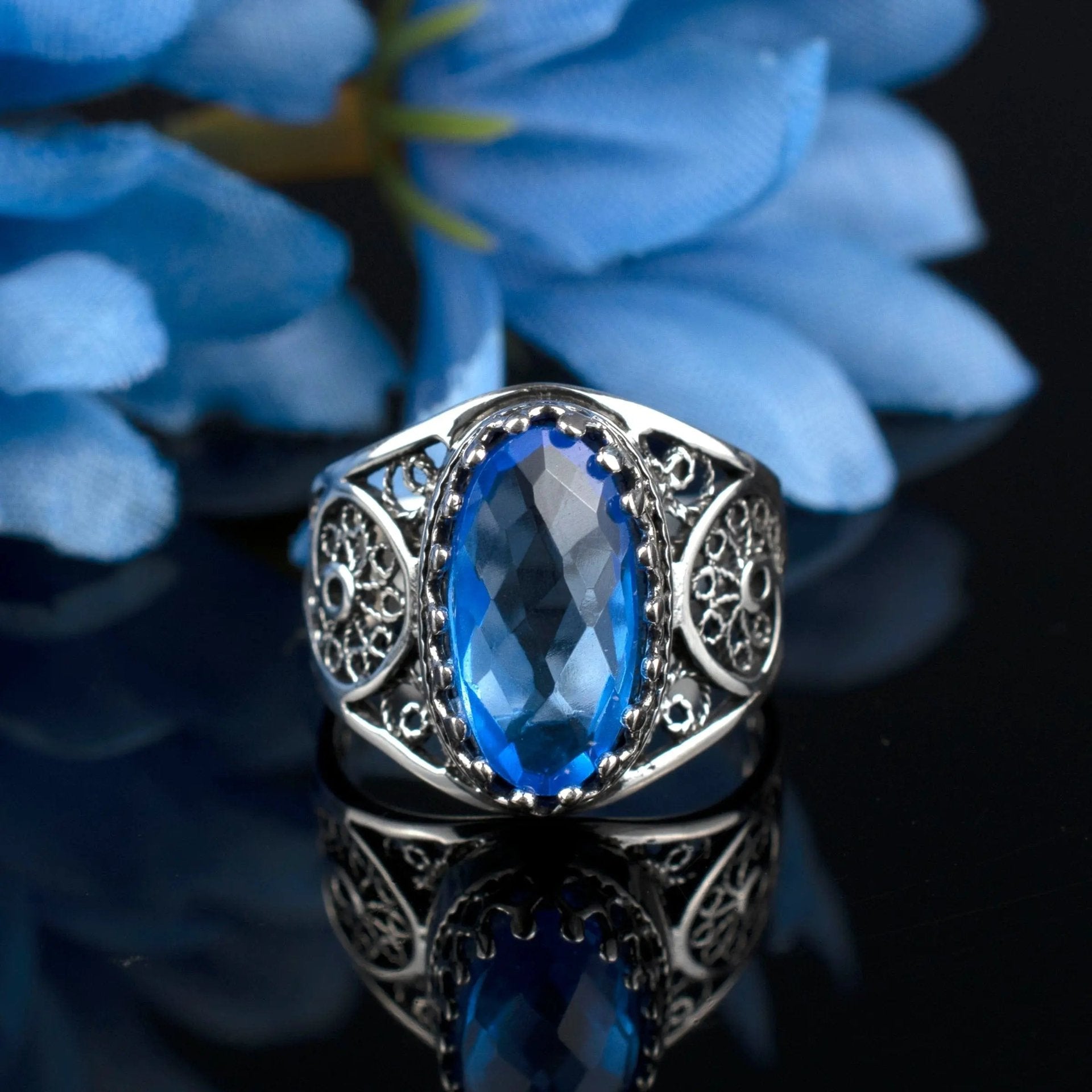 Filigree Art Blue Quartz Gemstone Women Oval Silver Cocktail Ring - Drakoi Marketplace