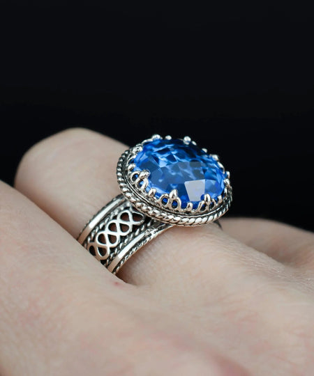 Filigree Art Blue Quartz Gemstone Women Silver Cocktail Ring - Drakoi Marketplace