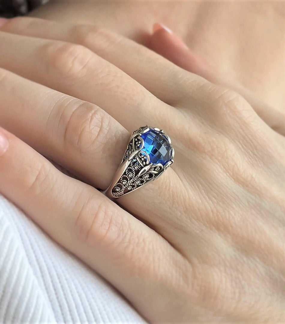 Filigree Art Blue Quartz Gemstone Women Silver Cocktail Ring - Drakoi Marketplace