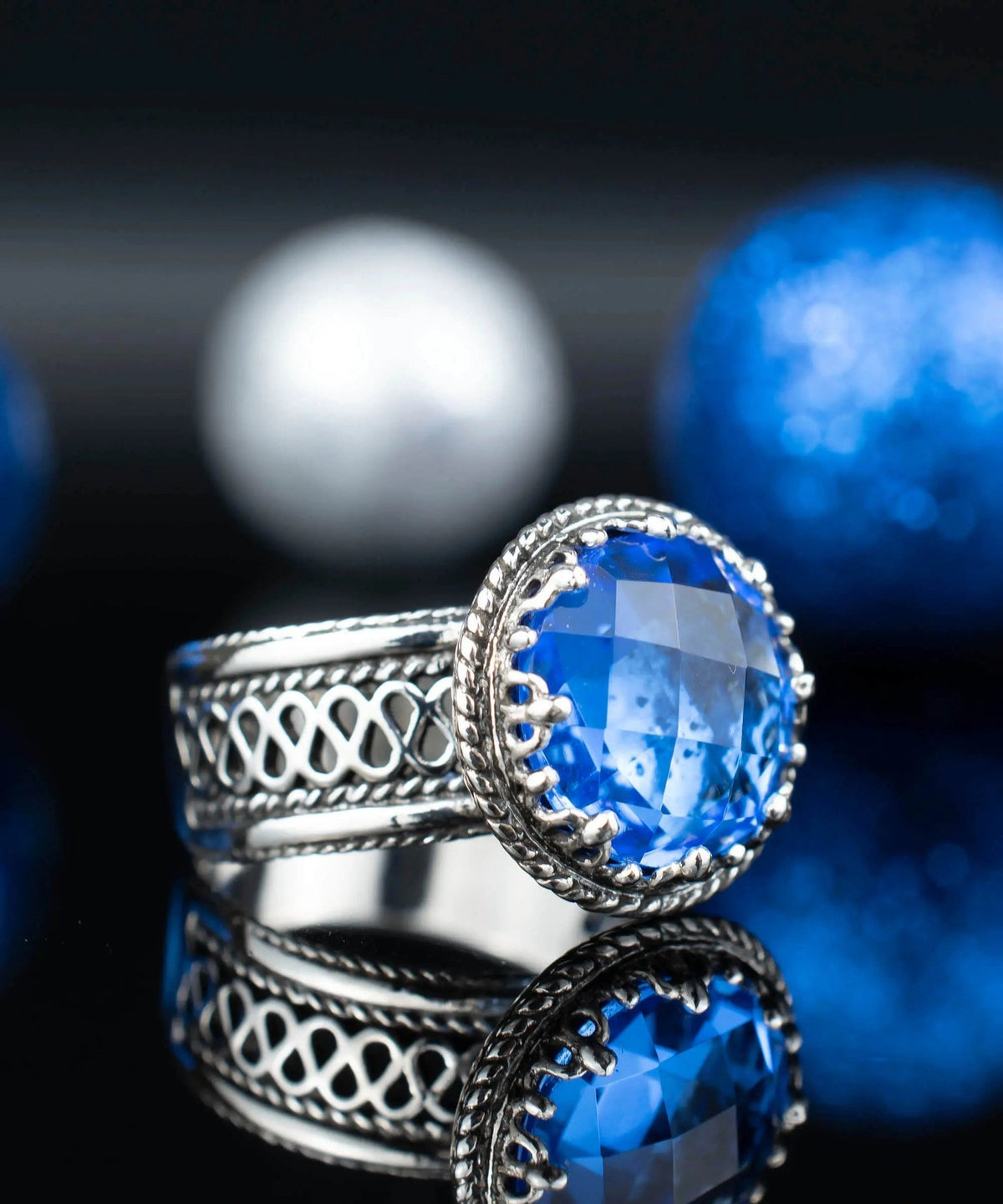 Filigree Art Blue Quartz Gemstone Women Silver Cocktail Ring - Drakoi Marketplace