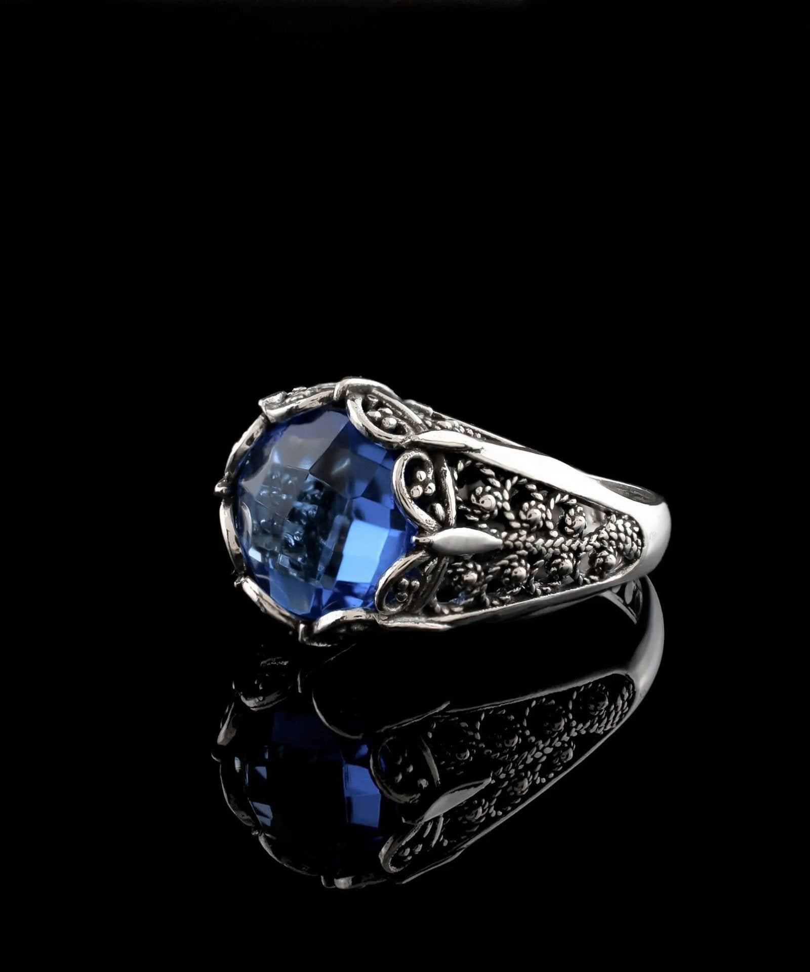 Filigree Art Blue Quartz Gemstone Women Silver Cocktail Ring - Drakoi Marketplace