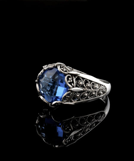 Filigree Art Blue Quartz Gemstone Women Silver Cocktail Ring - Drakoi Marketplace