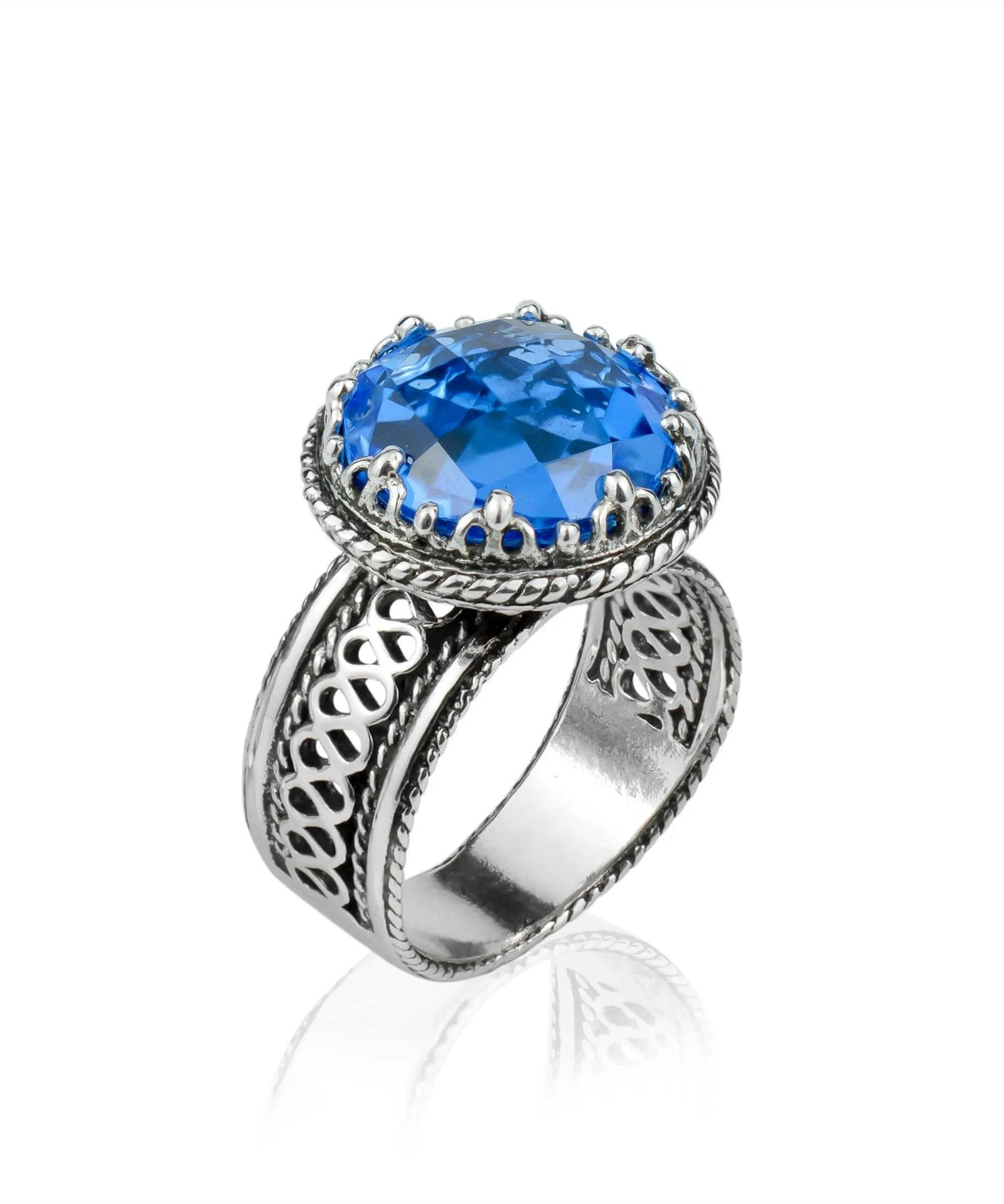 Filigree Art Blue Quartz Gemstone Women Silver Cocktail Ring - Drakoi Marketplace