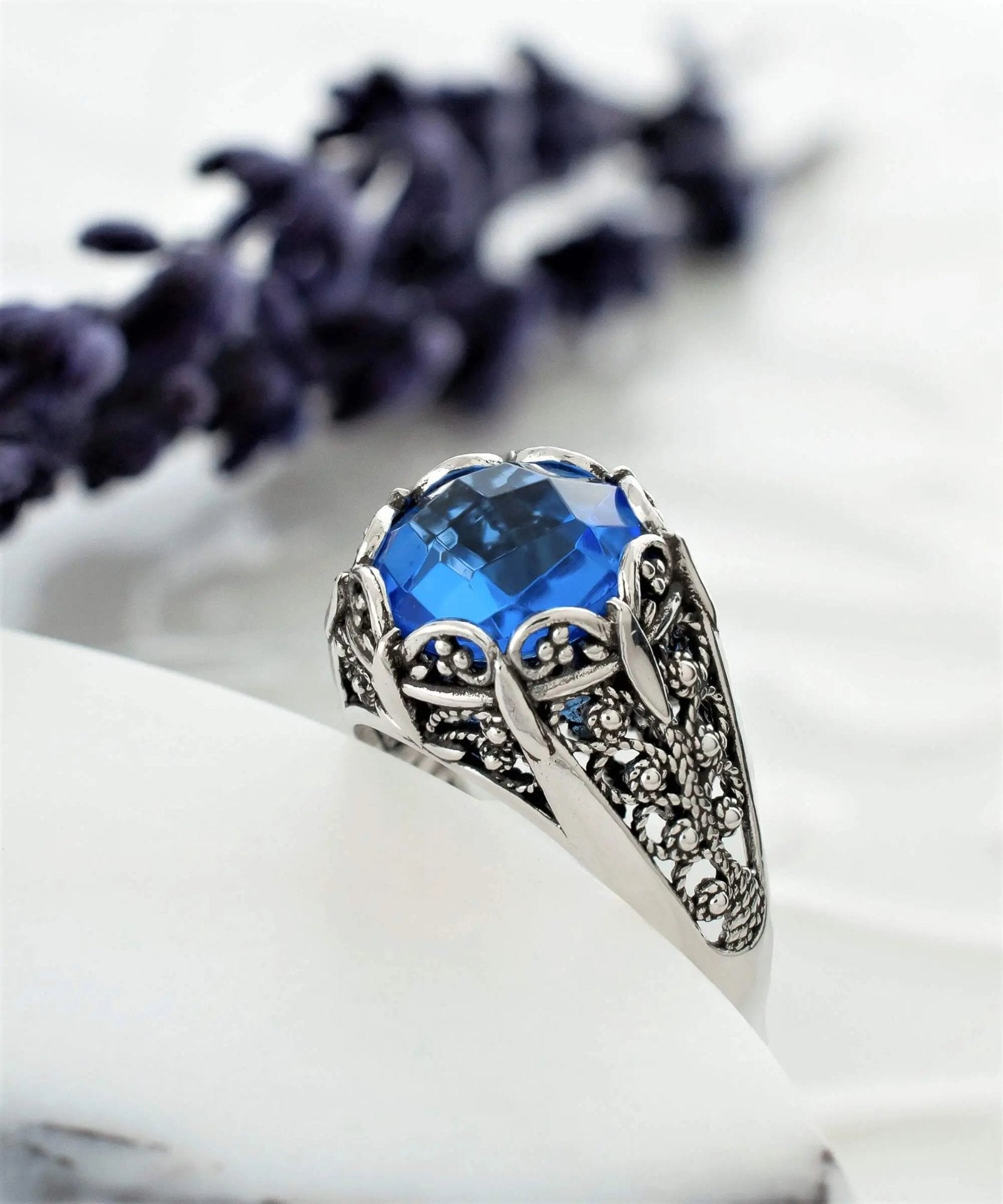 Filigree Art Blue Quartz Gemstone Women Silver Cocktail Ring - Drakoi Marketplace