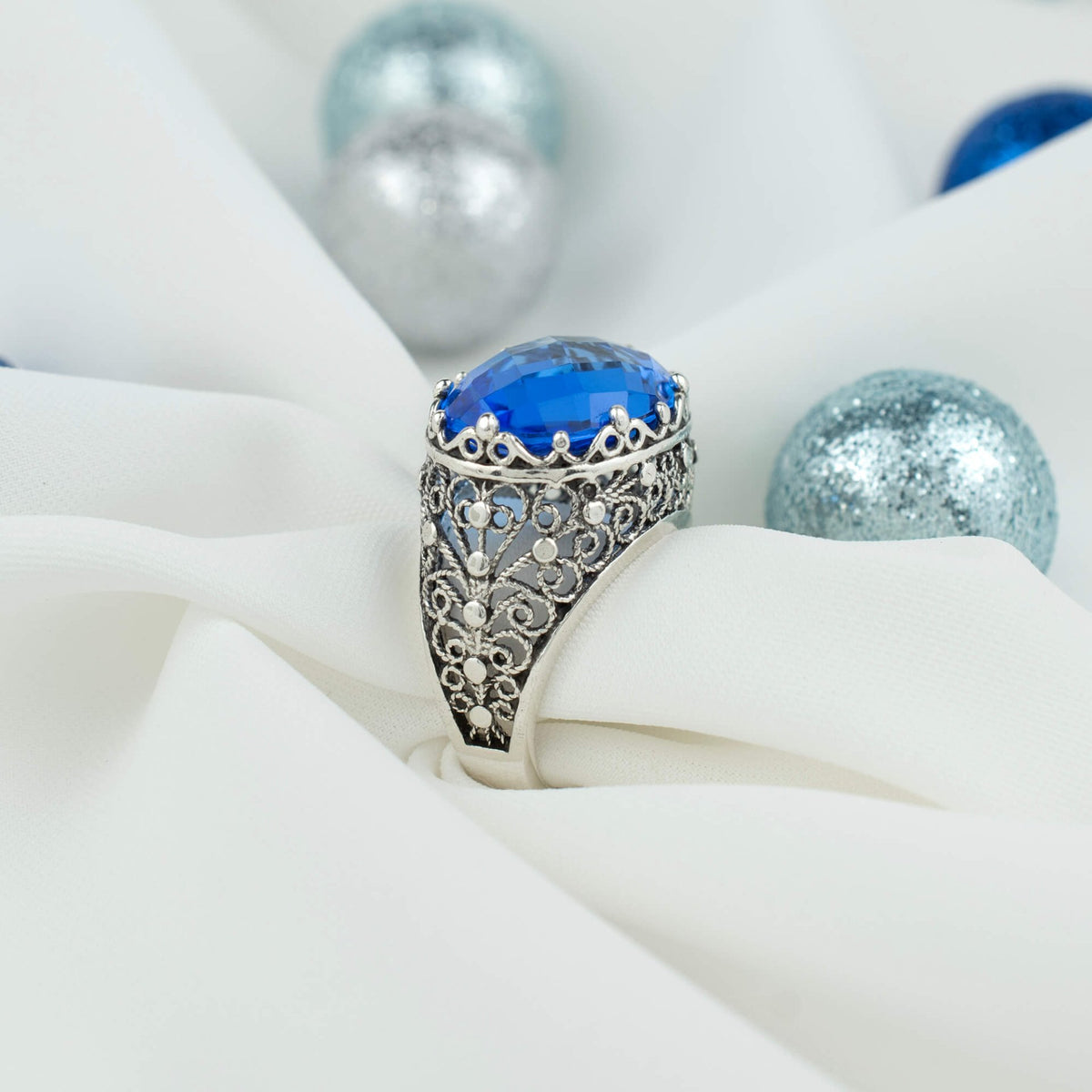 Filigree Art Blue Quartz Gemstone Women Silver Dome Statement Ring - Drakoi Marketplace