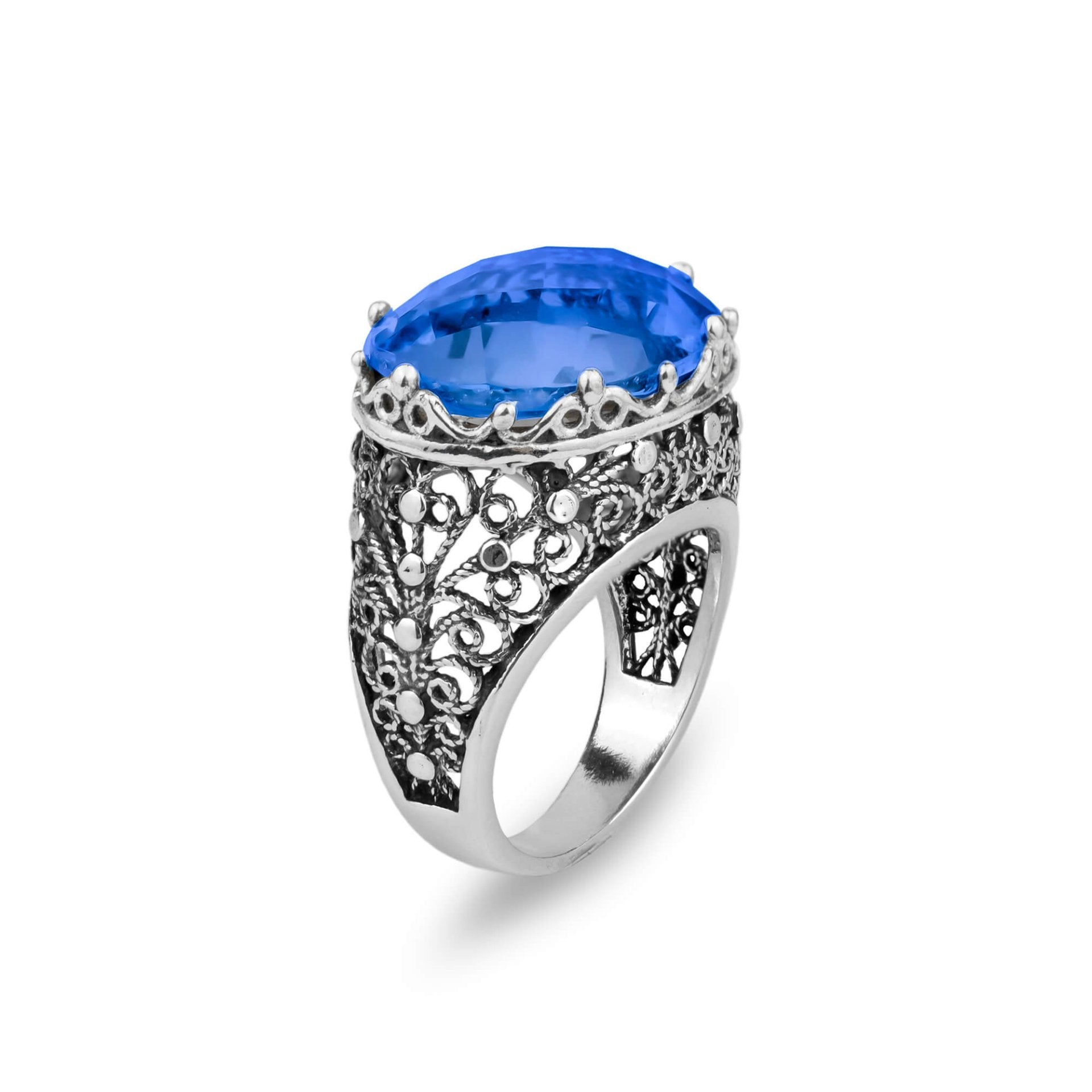 Filigree Art Blue Quartz Gemstone Women Silver Dome Statement Ring - Drakoi Marketplace