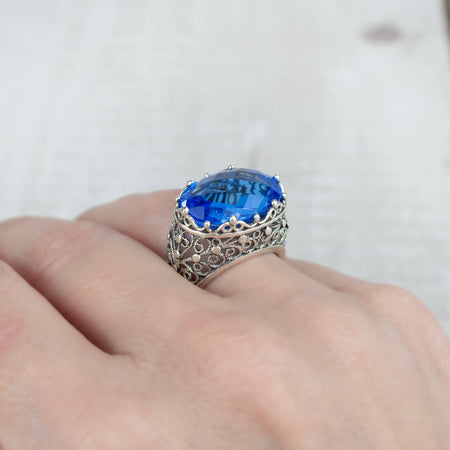 Filigree Art Blue Quartz Gemstone Women Silver Dome Statement Ring - Drakoi Marketplace