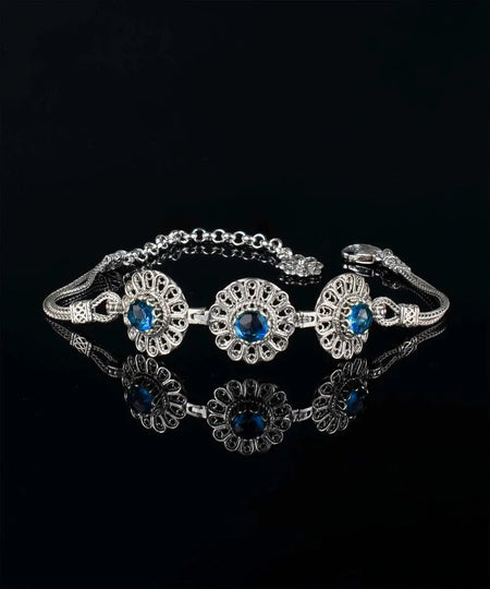 Filigree Art Blue Quartz Gemstone Women Silver Link Bracelet - Drakoi Marketplace