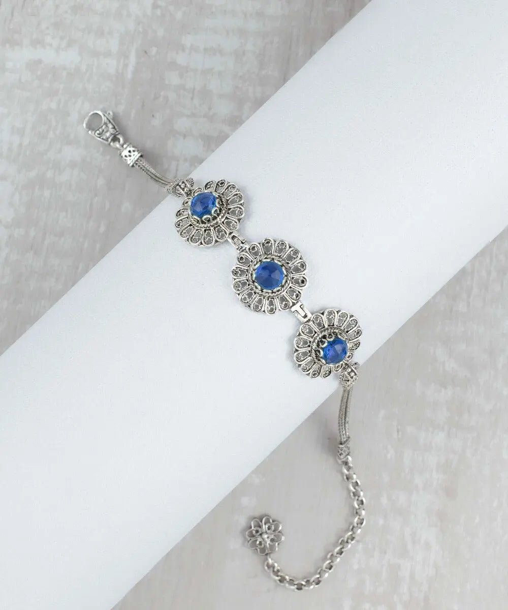 Filigree Art Blue Quartz Gemstone Women Silver Link Bracelet - Drakoi Marketplace