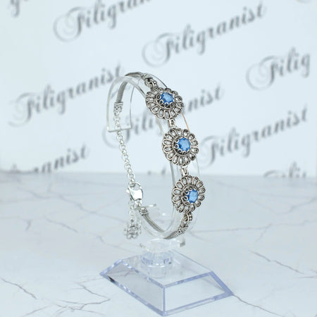 Filigree Art Blue Quartz Gemstone Women Silver Link Bracelet - Drakoi Marketplace