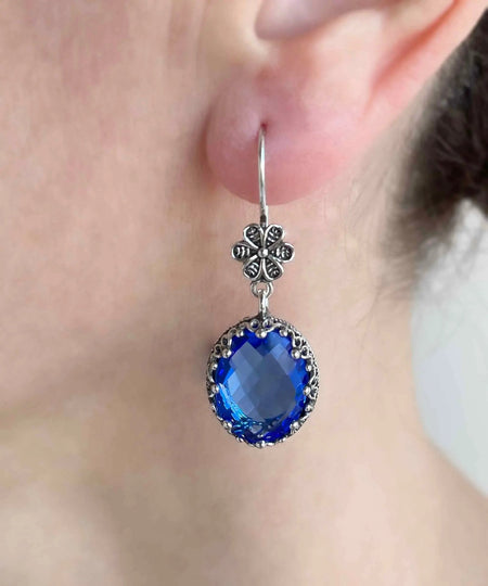 Filigree Art Blue Quartz Gemstone Women Silver Oval Dangle Earrings - Drakoi Marketplace