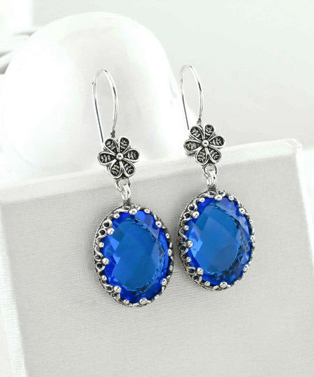 Filigree Art Blue Quartz Gemstone Women Silver Oval Dangle Earrings - Drakoi Marketplace