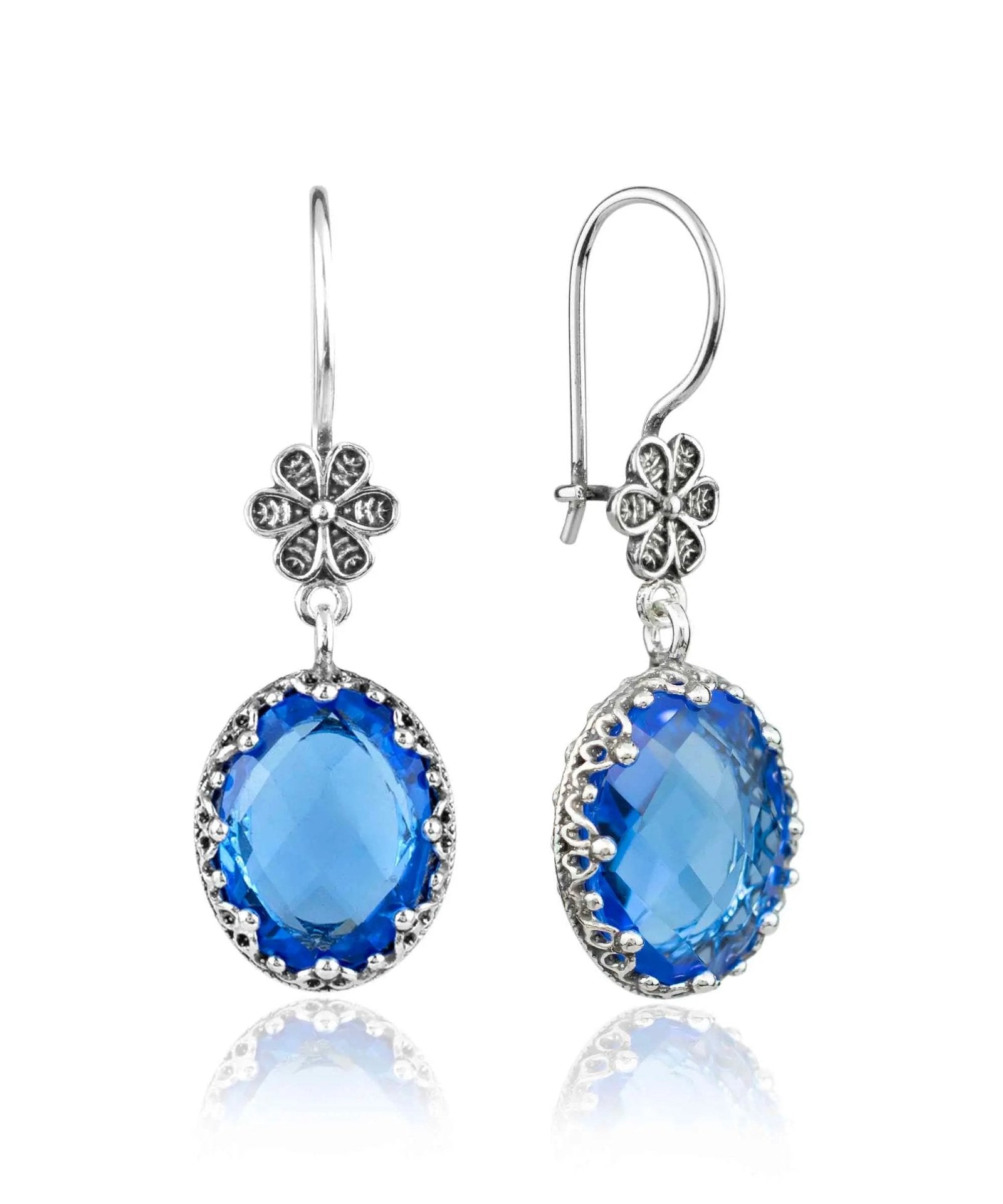 Filigree Art Blue Quartz Gemstone Women Silver Oval Dangle Earrings - Drakoi Marketplace