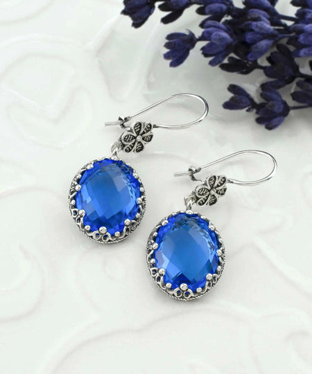 Filigree Art Blue Quartz Gemstone Women Silver Oval Dangle Earrings - Drakoi Marketplace