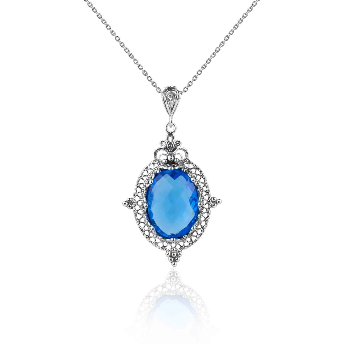 Filigree Art Blue Quartz Gemstone Women Silver Oval Pendant Necklace - Drakoi Marketplace