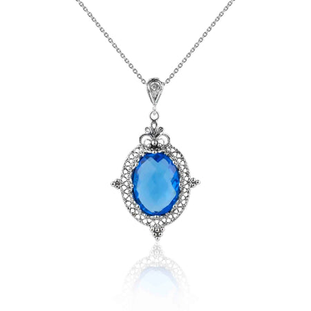 Filigree Art Blue Quartz Gemstone Women Silver Oval Pendant Necklace - Drakoi Marketplace