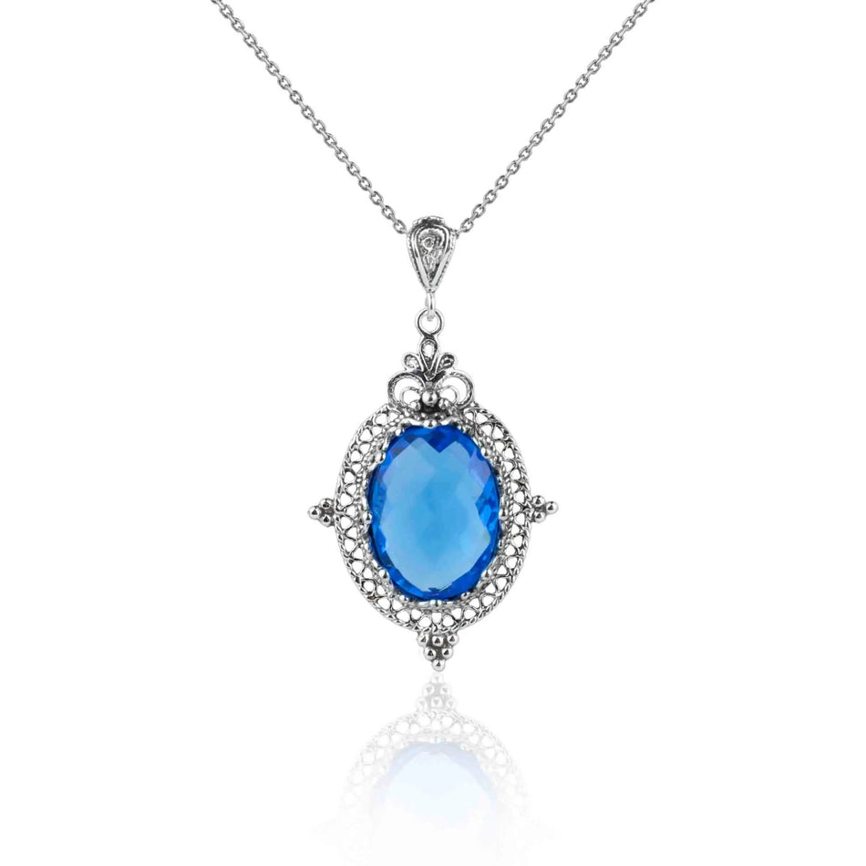 Filigree Art Blue Quartz Gemstone Women Silver Oval Pendant Necklace - Drakoi Marketplace