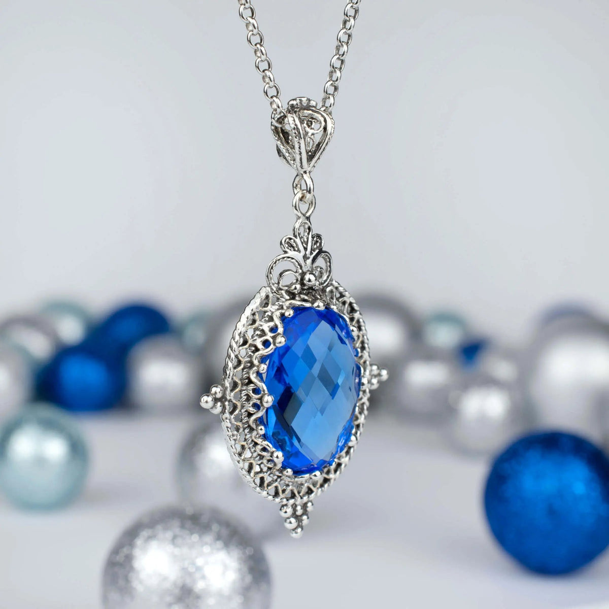 Filigree Art Blue Quartz Gemstone Women Silver Oval Pendant Necklace - Drakoi Marketplace