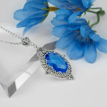 Filigree Art Blue Quartz Gemstone Women Silver Oval Pendant Necklace - Drakoi Marketplace