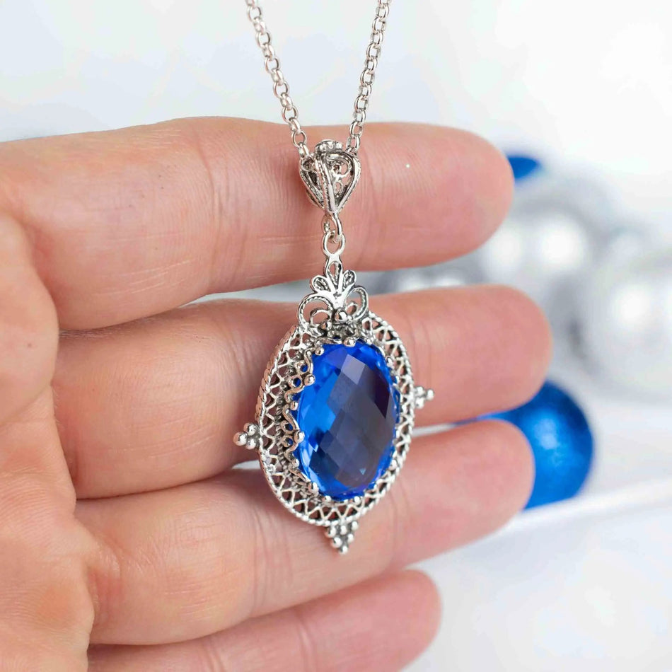 Filigree Art Blue Quartz Gemstone Women Silver Oval Pendant Necklace - Drakoi Marketplace