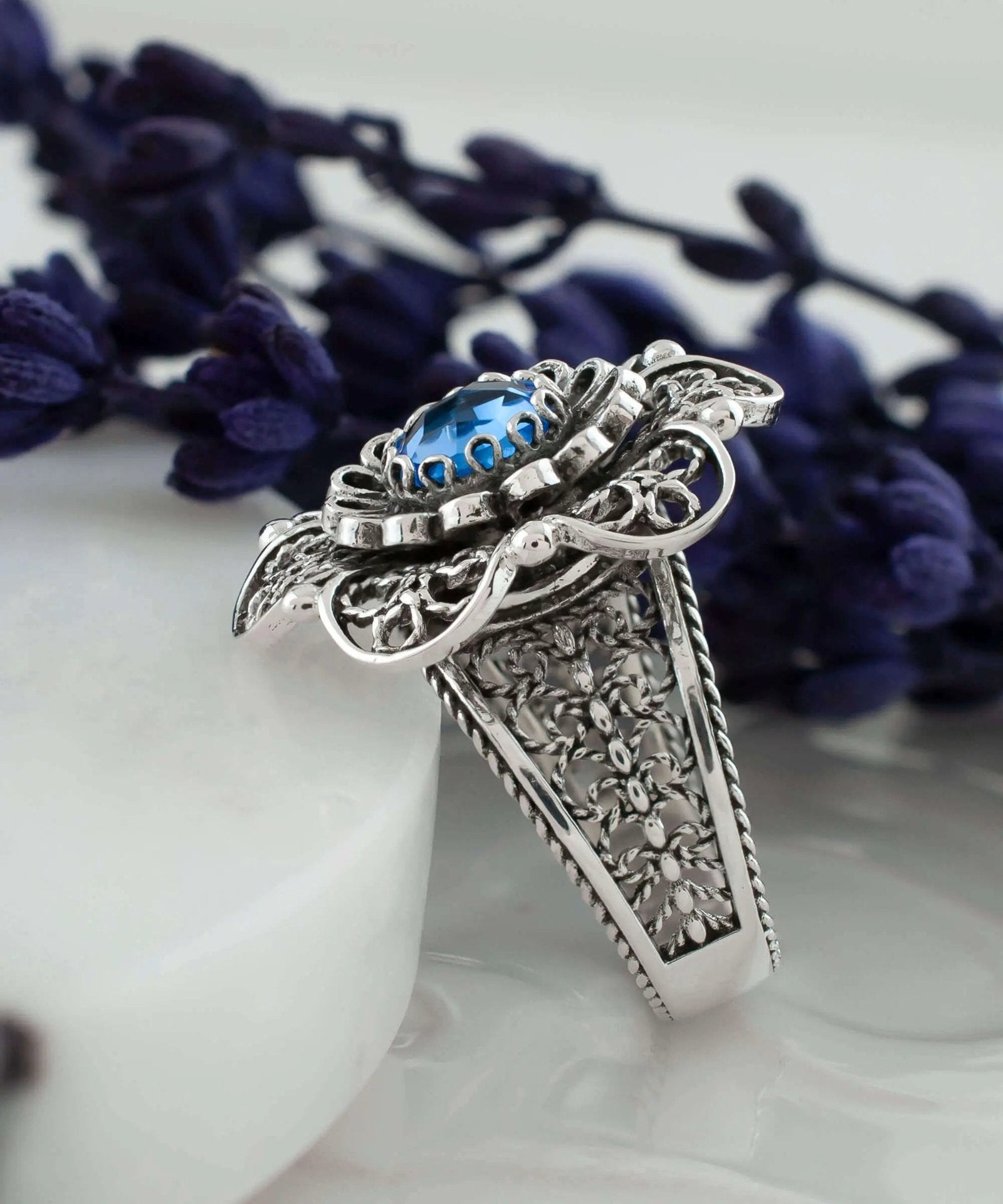 Filigree Art Blue Quartz Gemstone Women Silver Statement Ring - Drakoi Marketplace