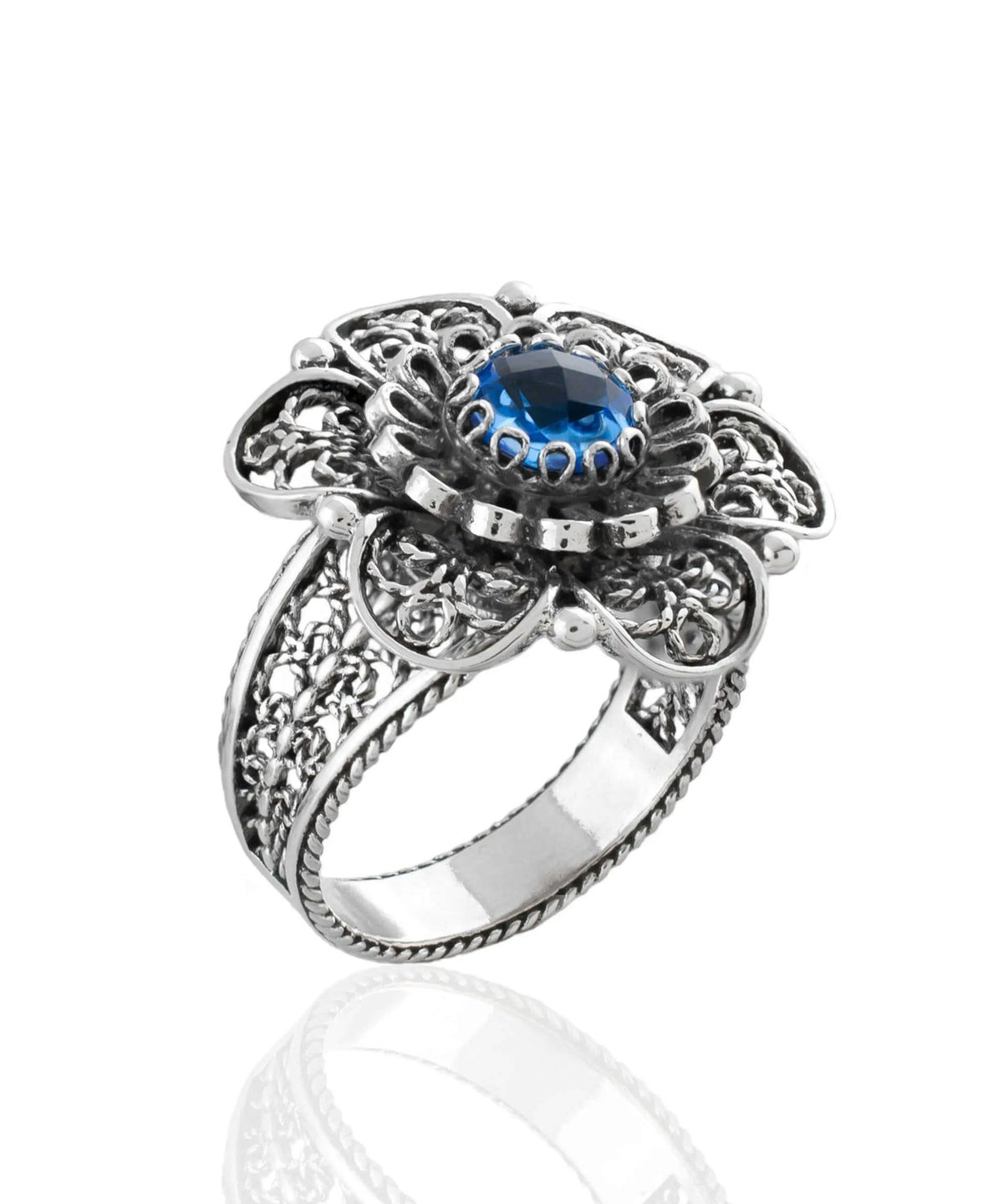 Filigree Art Blue Quartz Gemstone Women Silver Statement Ring - Drakoi Marketplace