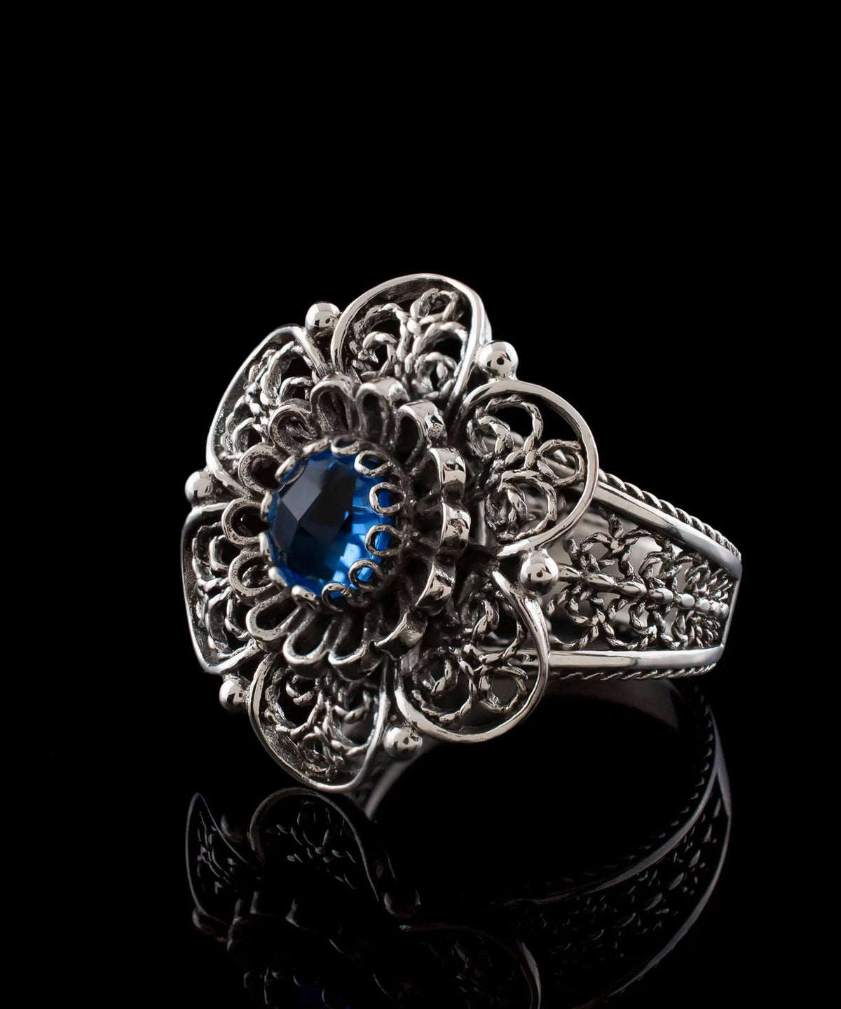 Filigree Art Blue Quartz Gemstone Women Silver Statement Ring - Drakoi Marketplace