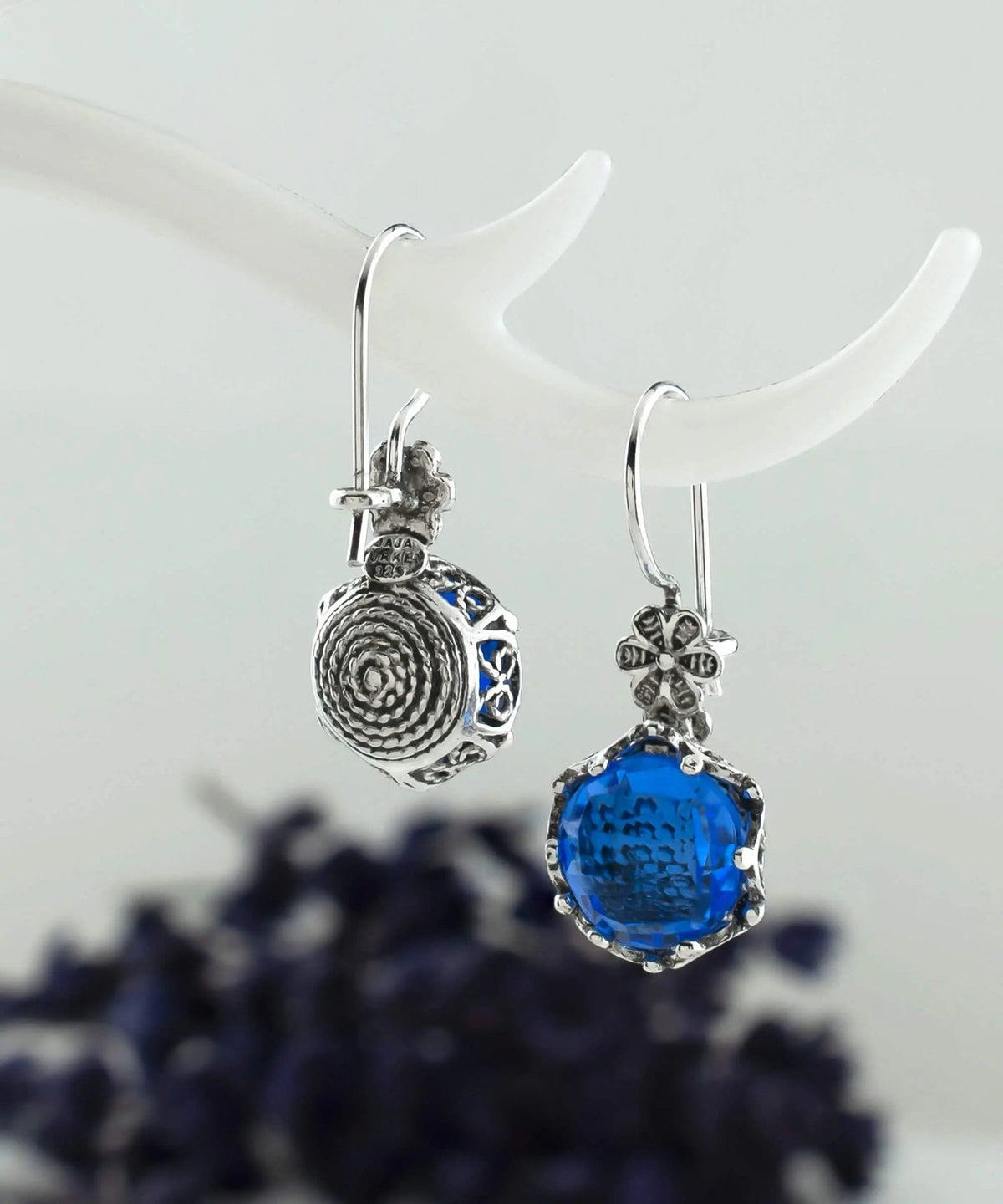 Filigree Art Blue Quartz Gemstone Women Sterling Silver Drop Earrings - Drakoi Marketplace