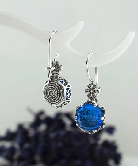 Filigree Art Blue Quartz Gemstone Women Sterling Silver Drop Earrings - Drakoi Marketplace