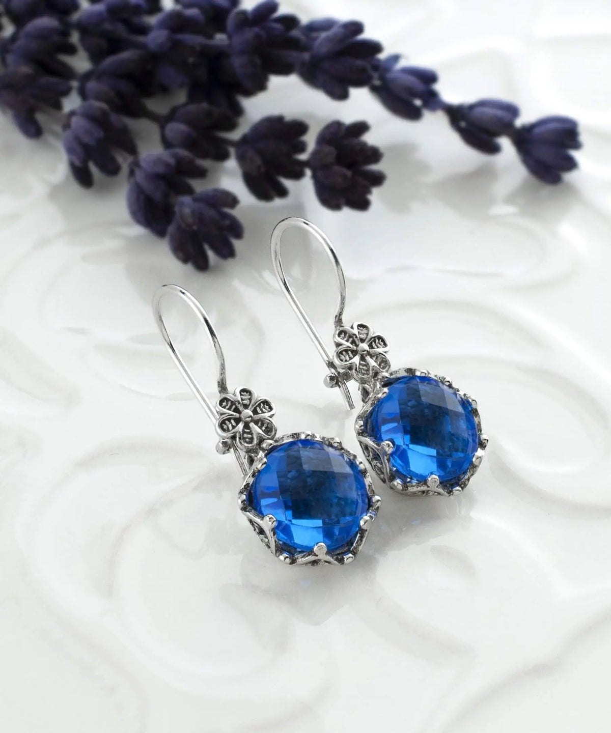 Filigree Art Blue Quartz Gemstone Women Sterling Silver Drop Earrings - Drakoi Marketplace