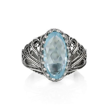 Filigree Art Blue Topaz Gemstone Angel Design Women Silver Cocktail Ring - Drakoi Marketplace