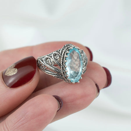 Filigree Art Blue Topaz Gemstone Angel Design Women Silver Cocktail Ring - Drakoi Marketplace