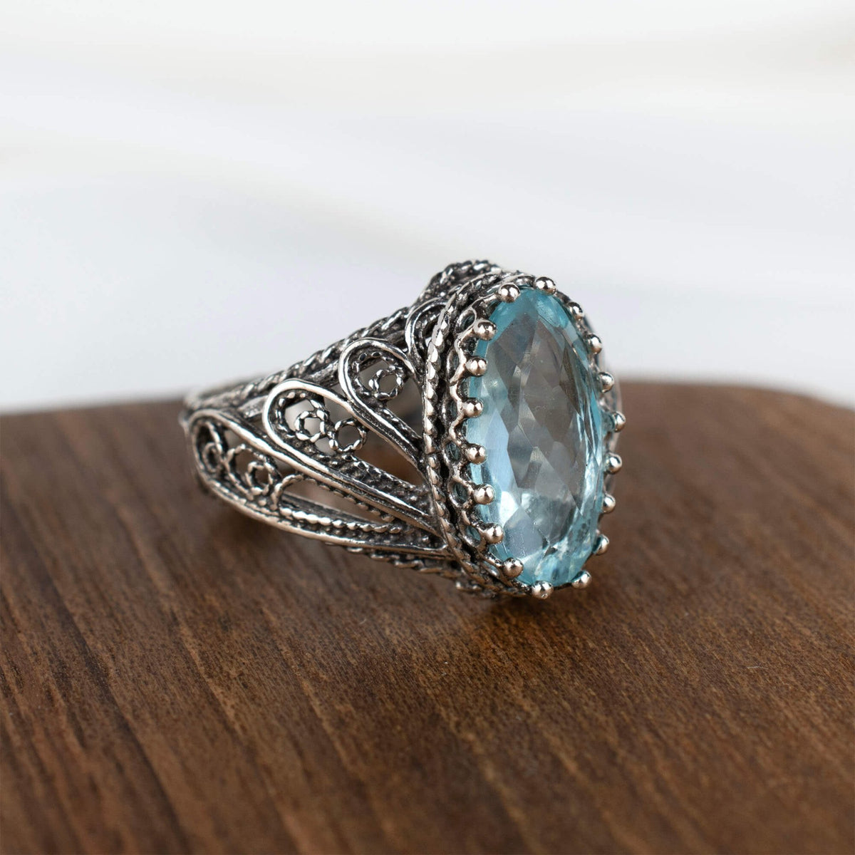 Filigree Art Blue Topaz Gemstone Angel Design Women Silver Cocktail Ring - Drakoi Marketplace