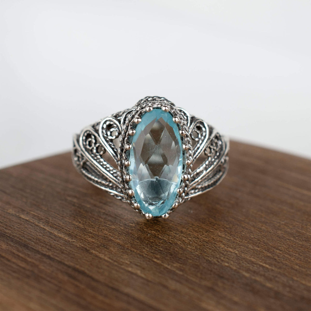 Filigree Art Blue Topaz Gemstone Angel Design Women Silver Cocktail Ring - Drakoi Marketplace