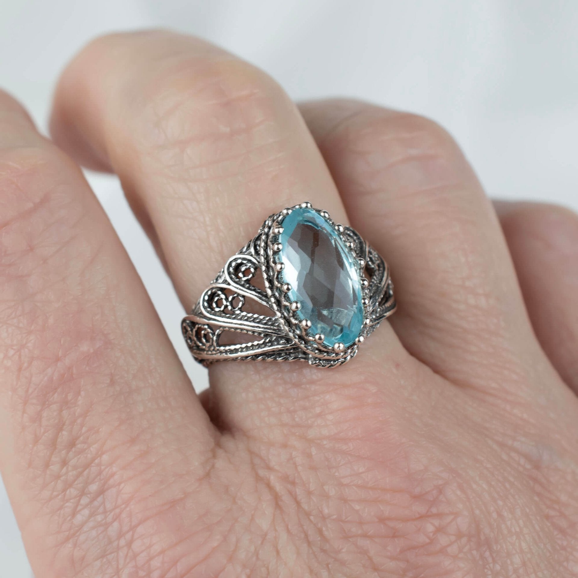 Filigree Art Blue Topaz Gemstone Angel Design Women Silver Cocktail Ring - Drakoi Marketplace