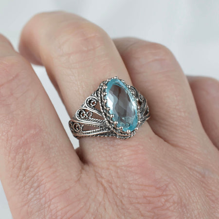 Filigree Art Blue Topaz Gemstone Angel Design Women Silver Cocktail Ring - Drakoi Marketplace