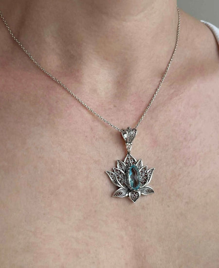 Filigree Art Blue Topaz Gemstone Blossoming Lotus Flower Women Silver Pendant Necklace - Drakoi Marketplace