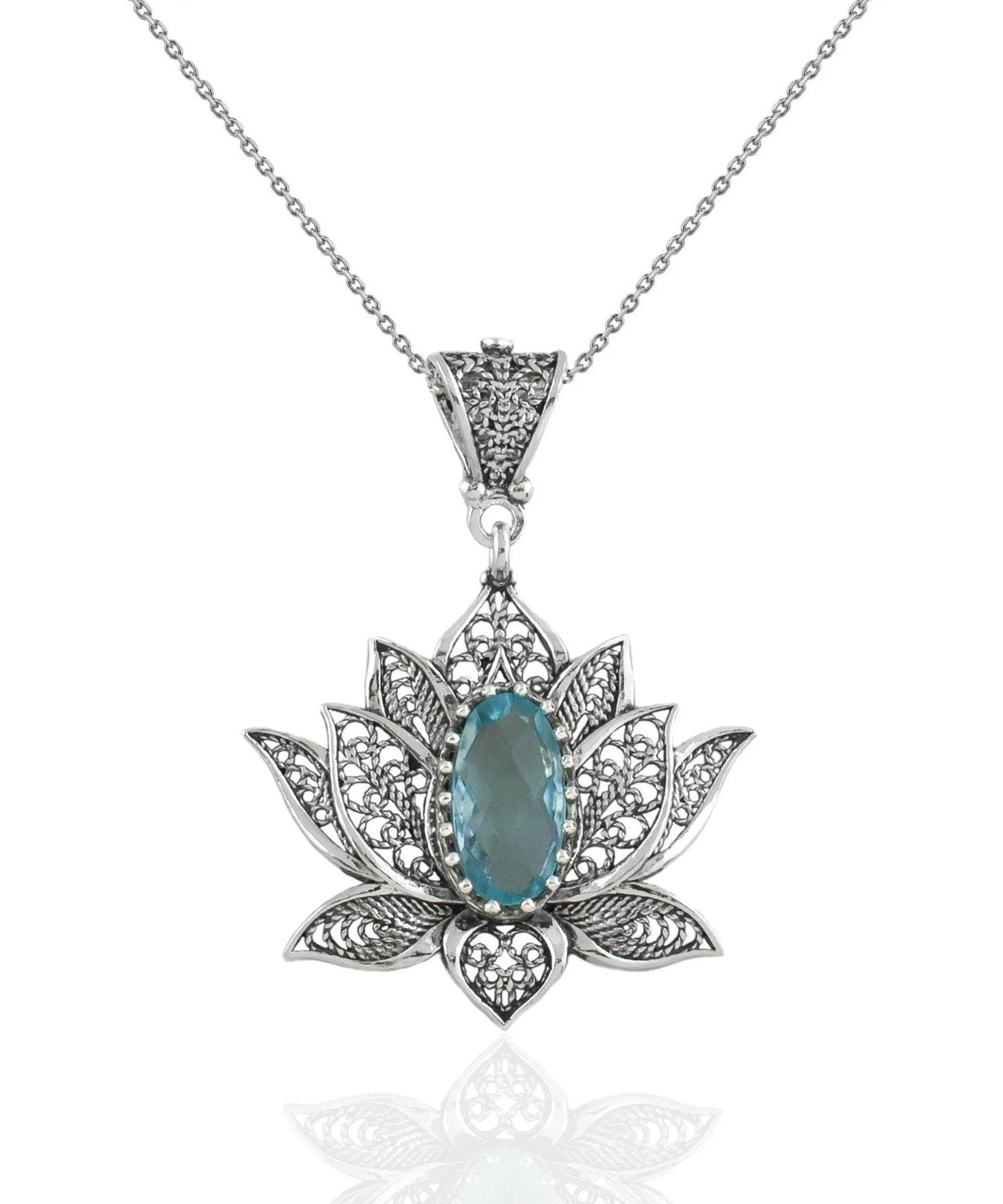 Filigree Art Blue Topaz Gemstone Blossoming Lotus Flower Women Silver Pendant Necklace - Drakoi Marketplace