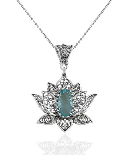 Filigree Art Blue Topaz Gemstone Blossoming Lotus Flower Women Silver Pendant Necklace - Drakoi Marketplace