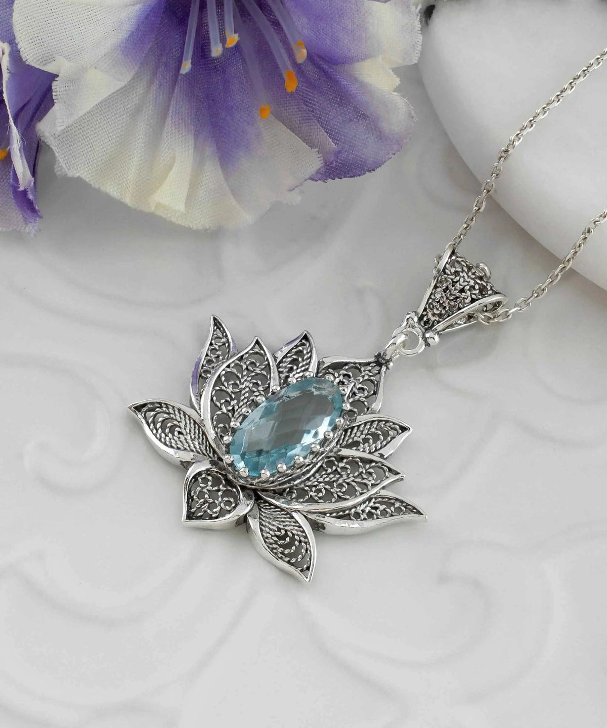 Filigree Art Blue Topaz Gemstone Blossoming Lotus Flower Women Silver Pendant Necklace - Drakoi Marketplace