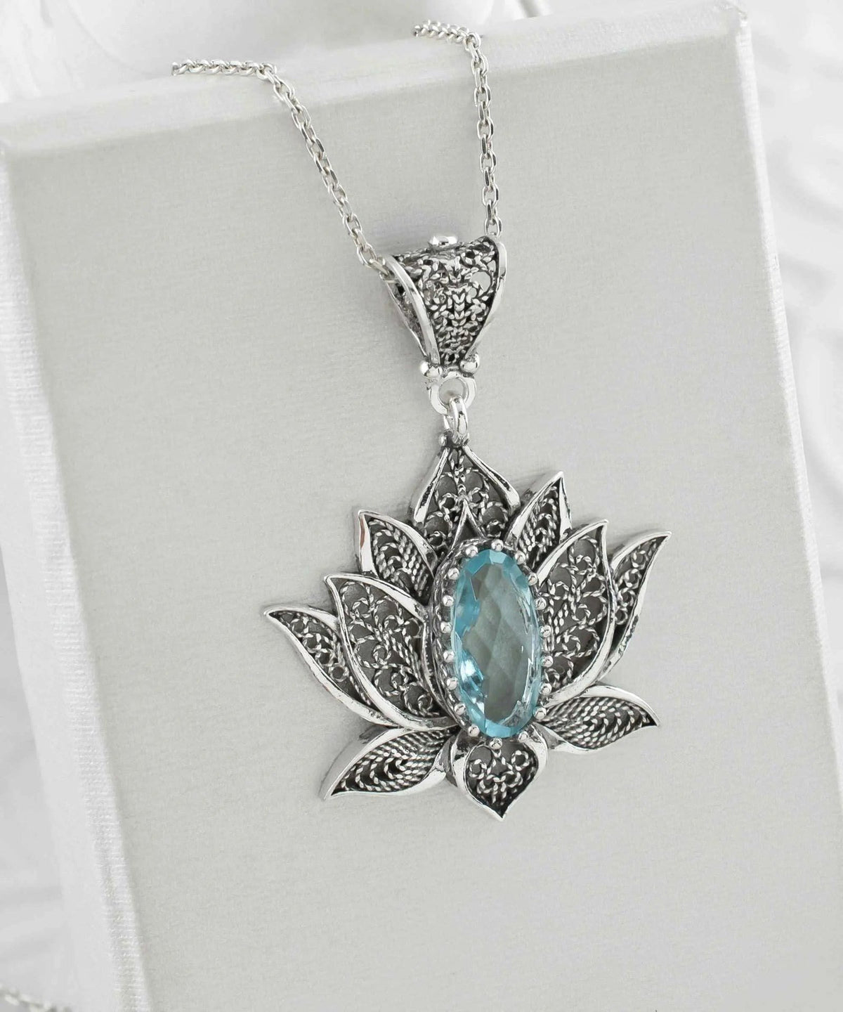 Filigree Art Blue Topaz Gemstone Blossoming Lotus Flower Women Silver Pendant Necklace - Drakoi Marketplace