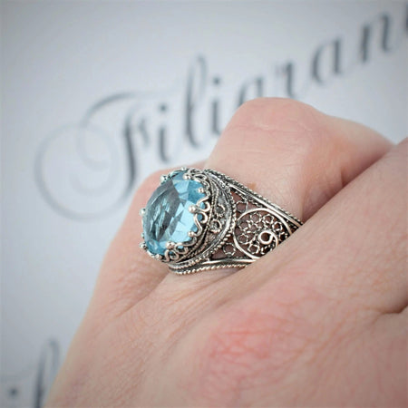 Filigree Art Blue Topaz Gemstone Crown Design Women Silver Statement Ring - Drakoi Marketplace