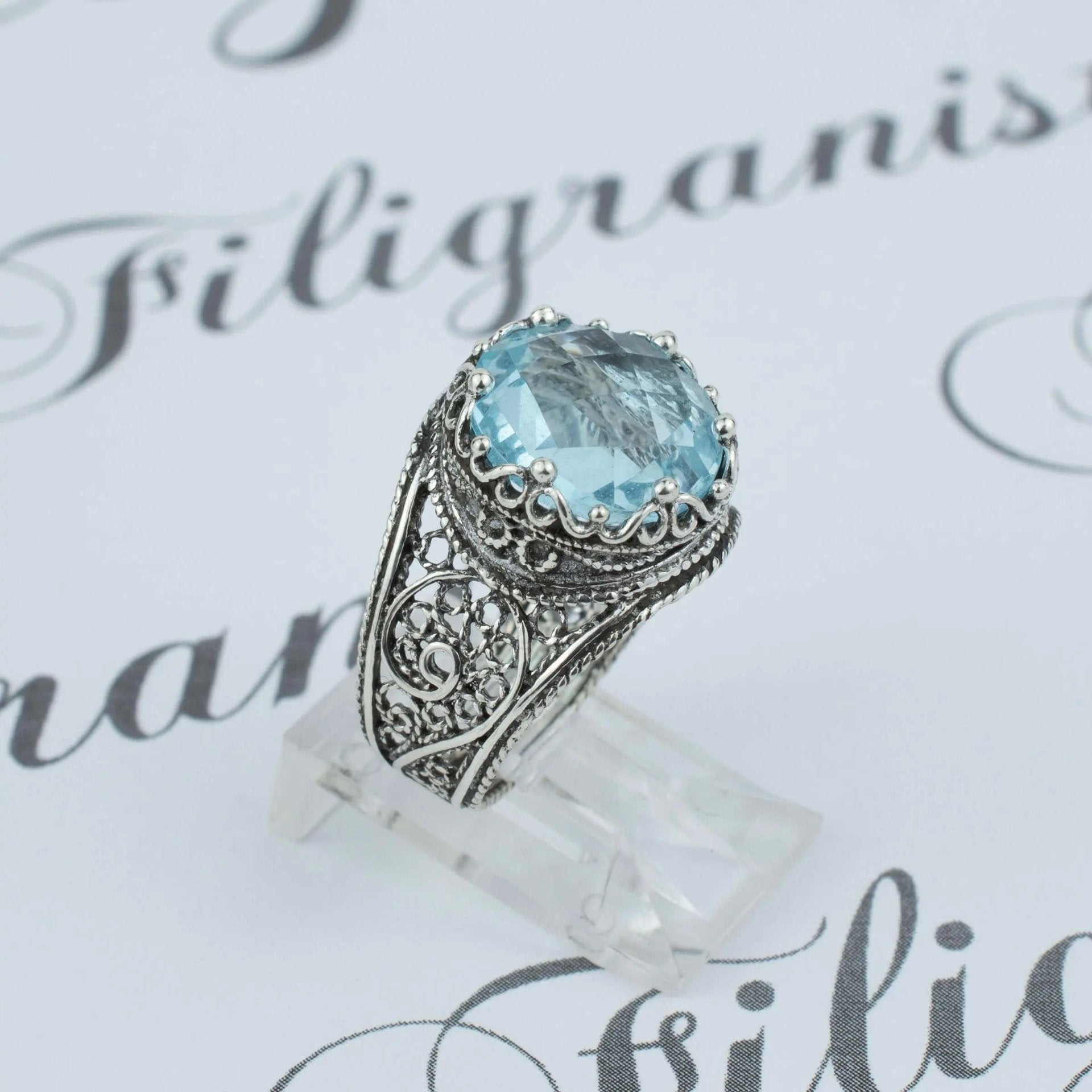 Filigree Art Blue Topaz Gemstone Crown Design Women Silver Statement Ring - Drakoi Marketplace