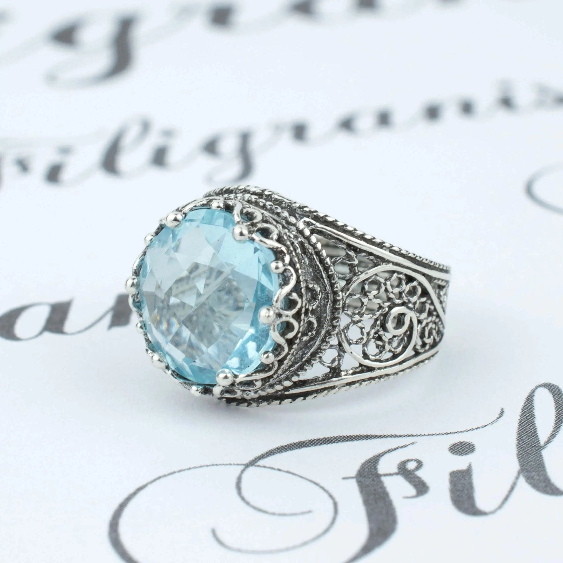 Filigree Art Blue Topaz Gemstone Crown Design Women Silver Statement Ring - Drakoi Marketplace