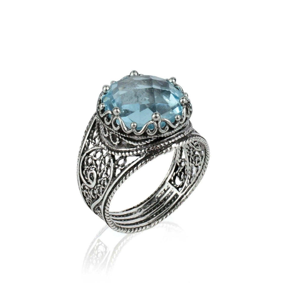 Filigree Art Blue Topaz Gemstone Crown Design Women Silver Statement Ring - Drakoi Marketplace